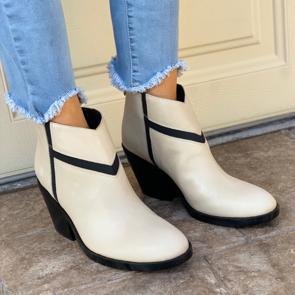 Cream Distressed Asymmetrical Leather Boots - Picture 2 of 7